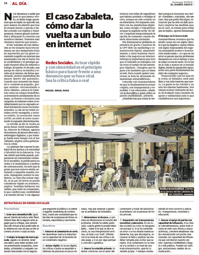 Noticia de El diario Vasco sobre el bar Zabaleta.