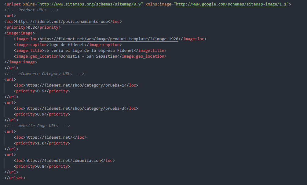 Codigo html del sitemap generado por nuestro módulo, para optimizar el SEO en Odoo
