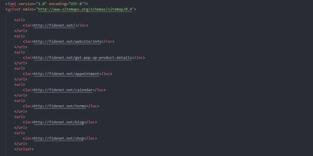 Codigo html del sitemap generado para SEO en Odoo