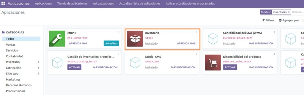 Instalación del modulo de inventario enodoo