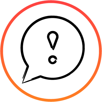 Símbolo de bocadillo de diálogo con signo de exclamación, enmarcado en círculo naranja