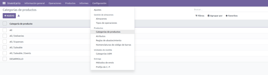 Pantallazo del modulo de inventario en odoo