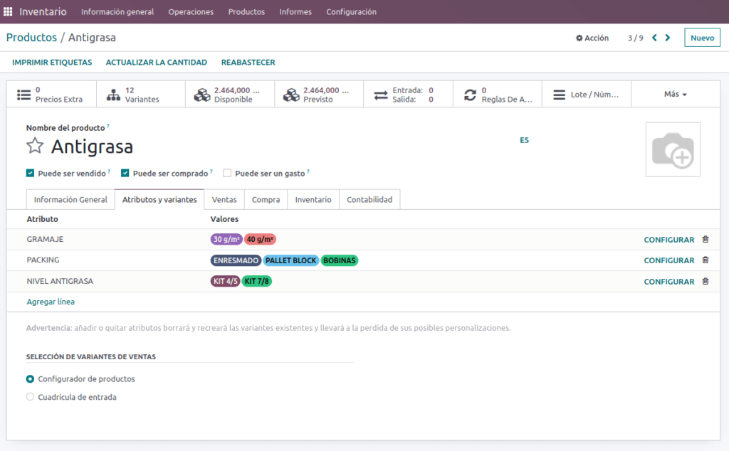 Pantallazo de variantes de productos de inventario de odoo