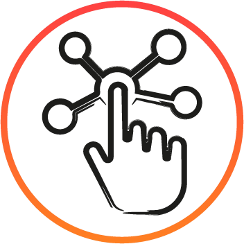 Icono interactivo de mano presionando un nodo, dentro de un círculo naranja, ilustrando el efecto Parallax