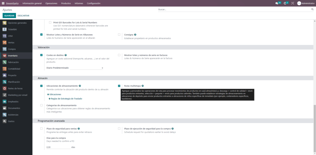 Pantallazo de cómo activar rutas avanzadas de inventario en Odoo.